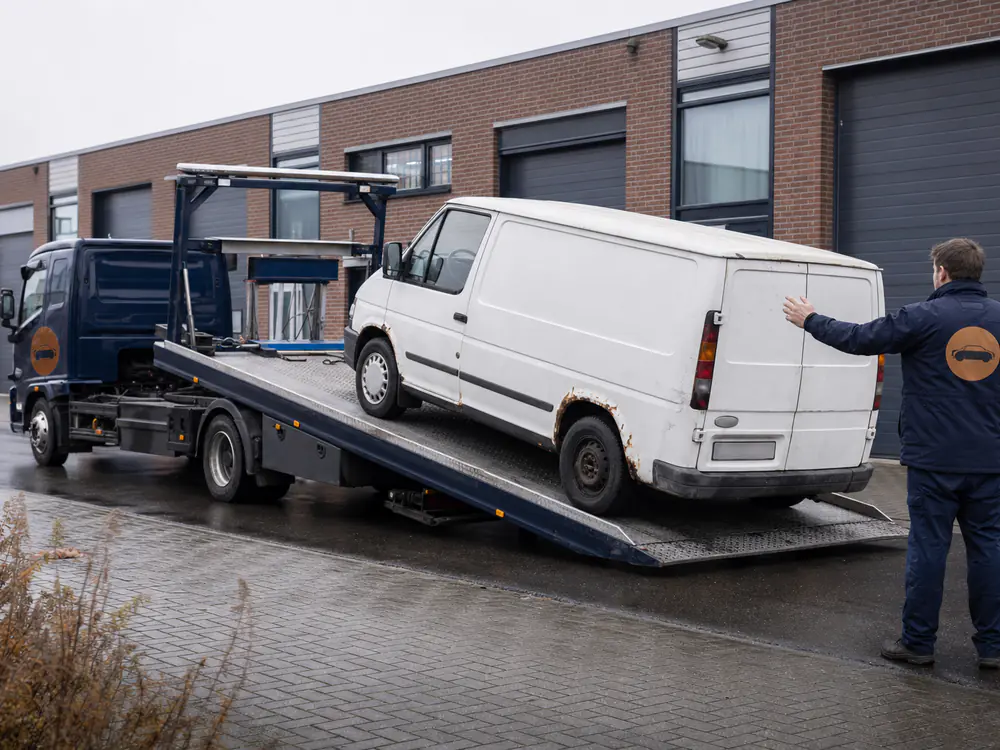 Oude witte bestelbus wordt op een bedrijventerrein op de oprijwagen gezet