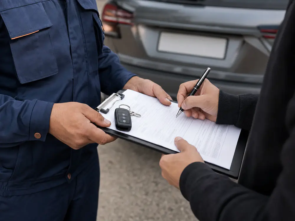 Klant tekent het overdrachtsformulier op een klembord bij het ophalen van zijn auto